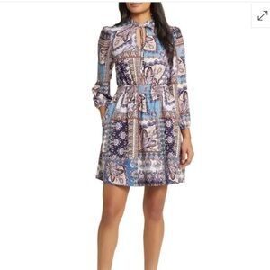 Vince Camuto Print Ruffle Tie Neck Long Sleeve Dress